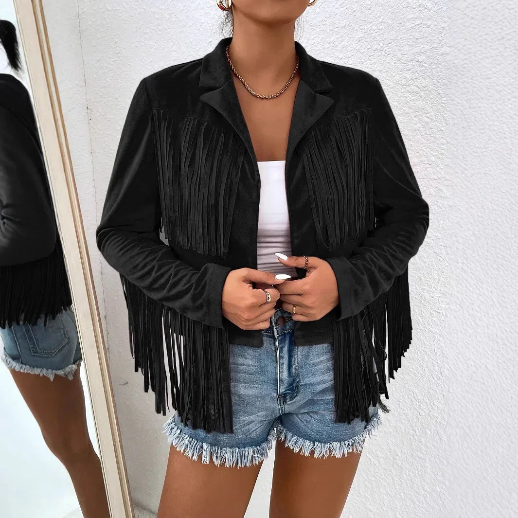 Spring And Autumn Women's V-neck Long Sleeve Fringe Jacket Solid Color Loose Short Coat - VAleG
