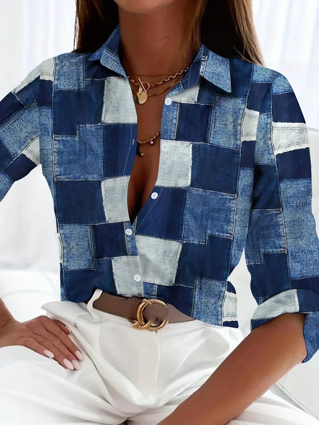 Women's Spring Summer Loose Checkered Long Sleeve Casual Shirt - VAleG