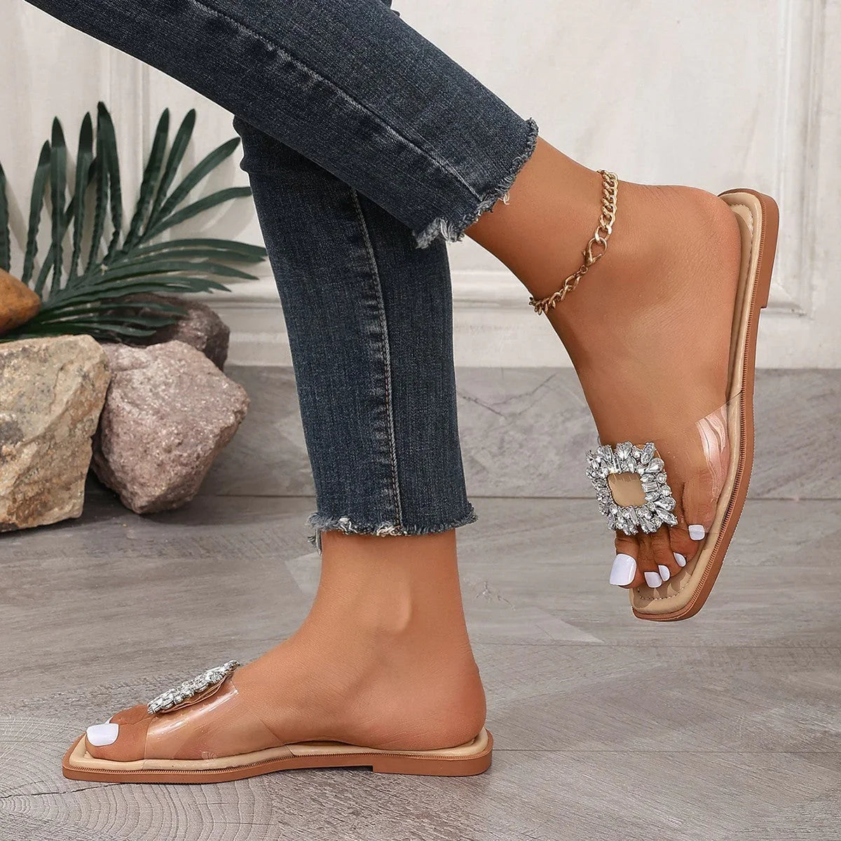 European And American Rhinestone Transparent Large Size Flat Sandals - VAleG