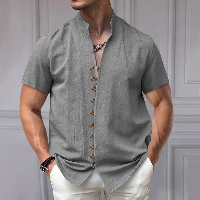 Linen Button Stand Collar Short Sleeve Shirt - VAleG