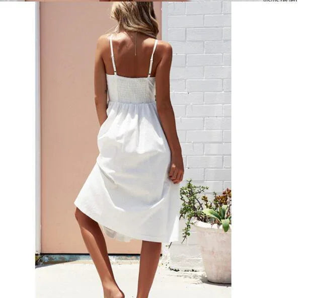 Sexy Suspender Button Pocket Halter Dress - VAleG