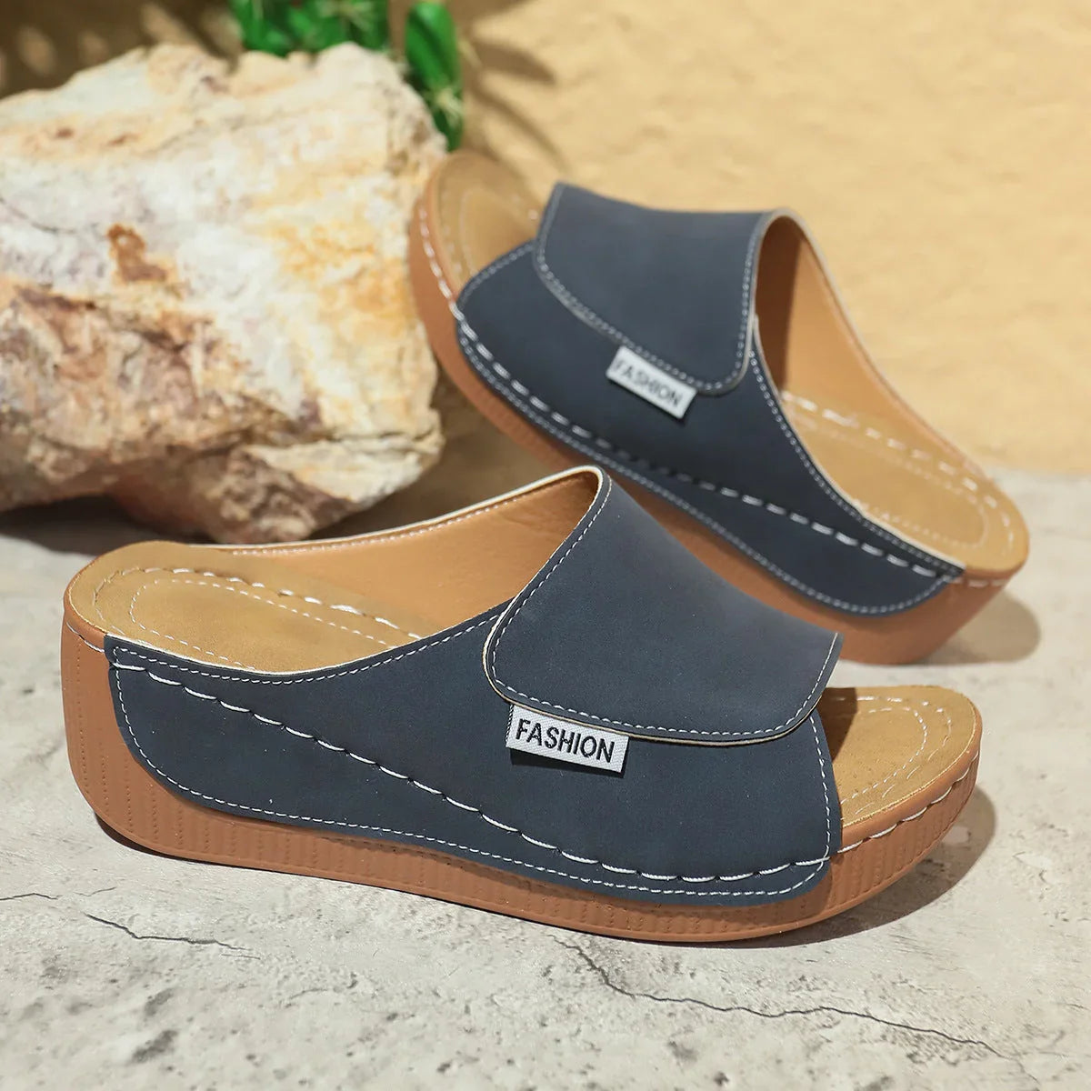 Summer Wedge Slides Slippers Fashion Fish Mouth Thick Bottom Roman Shoes Solid Color Beach Sandals For Women - VAleG