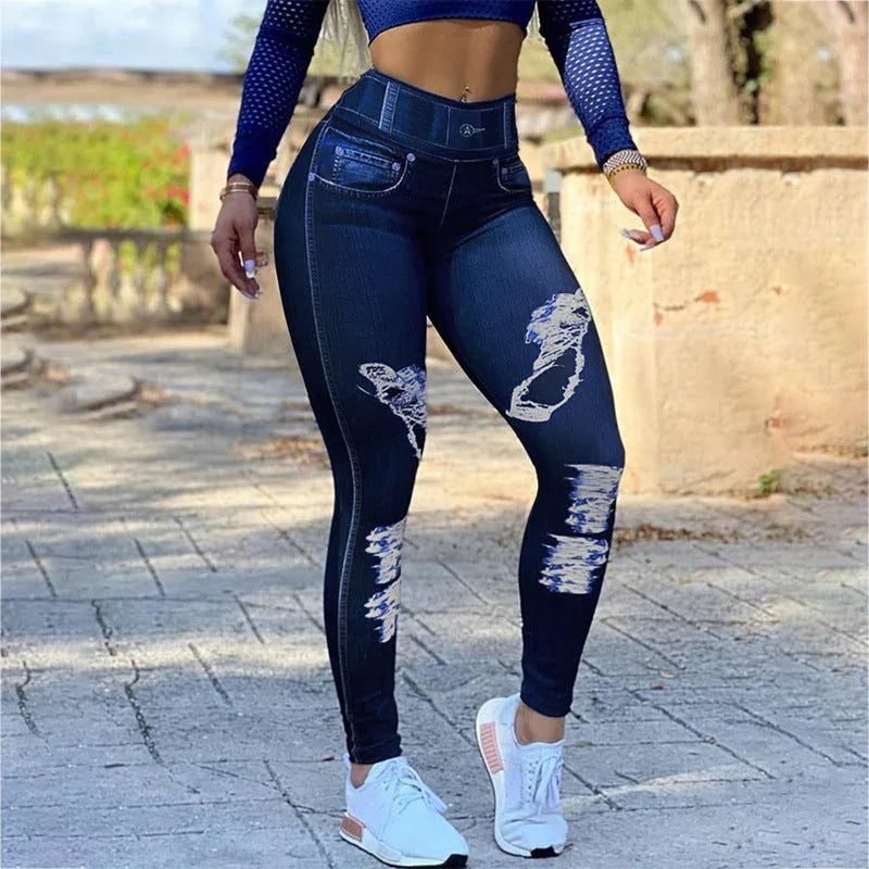 Ladies High Waist High Stretch Faux Denim Leggings - VAleG