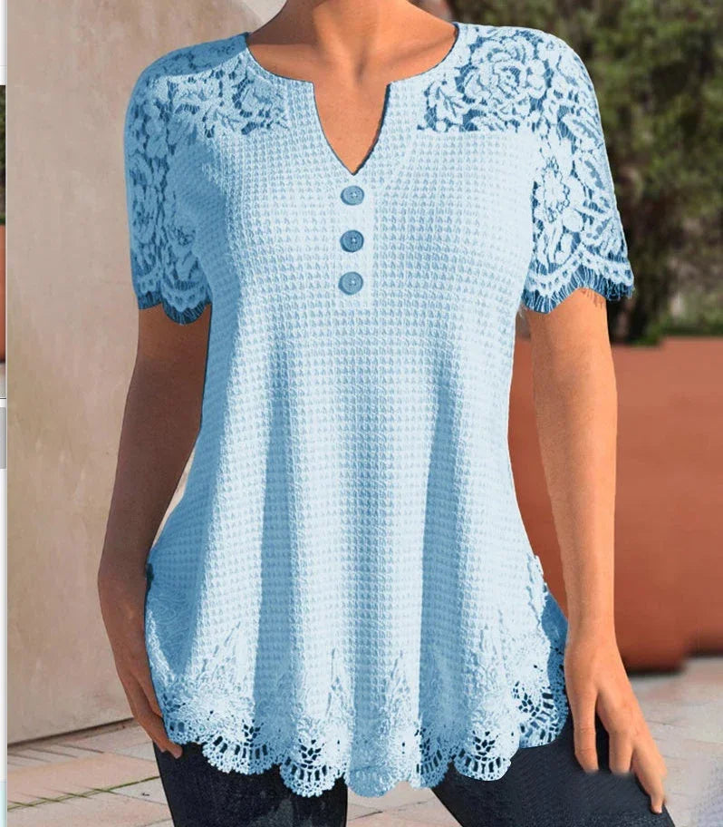 Plus Size Women's Knitted Lace Stitching Lace Short-sleeved T-shirt - VAleG