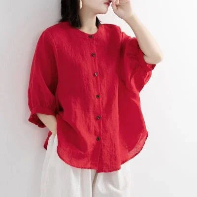 Women's Retro Literary Cotton And Linen Shirt Lantern Sleeve Top Loose - VAleG