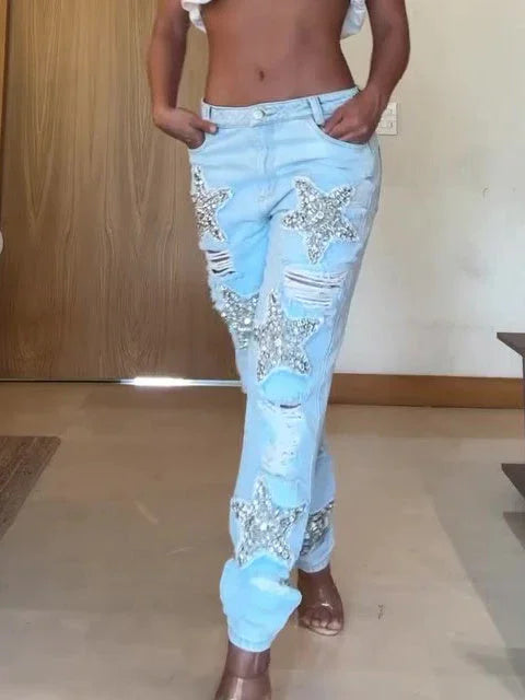 Five-pointed Star Hot Diamond Ripped Jeans - VAleG