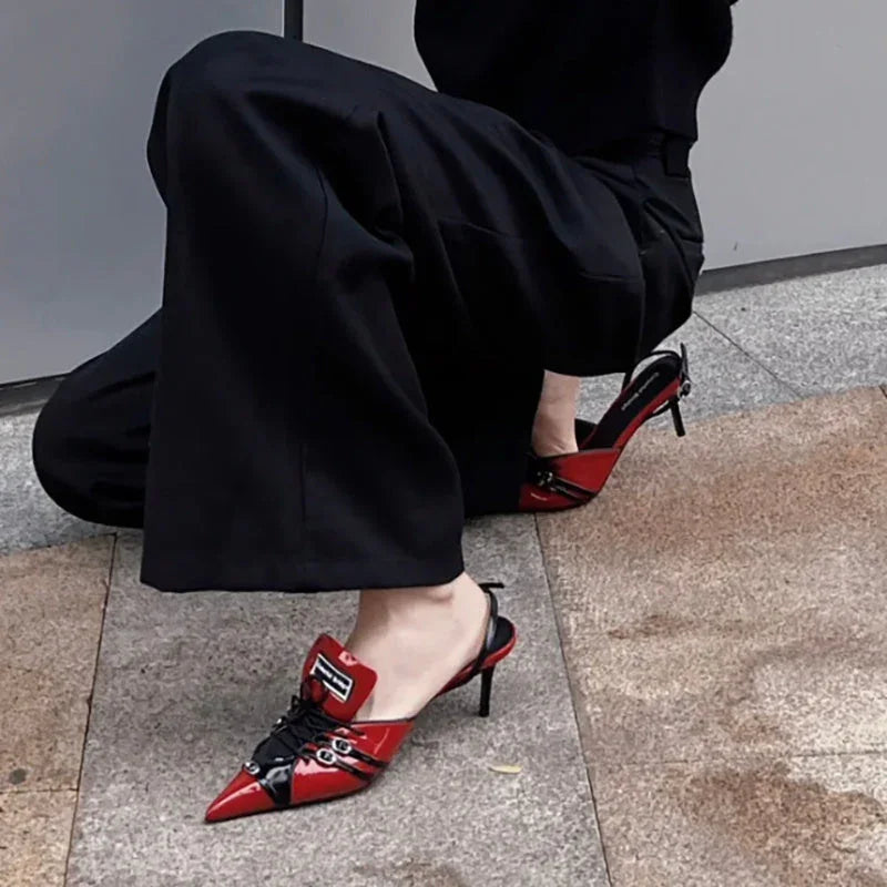 Retro Pointed Stiletto Heel Hollow Patent Leather Sandals For Women - VAleG