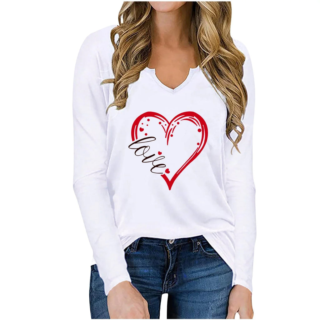 Vneck Valentines Day Printed Tshirt Cross-border Longsleeved Loose Top - VAleG