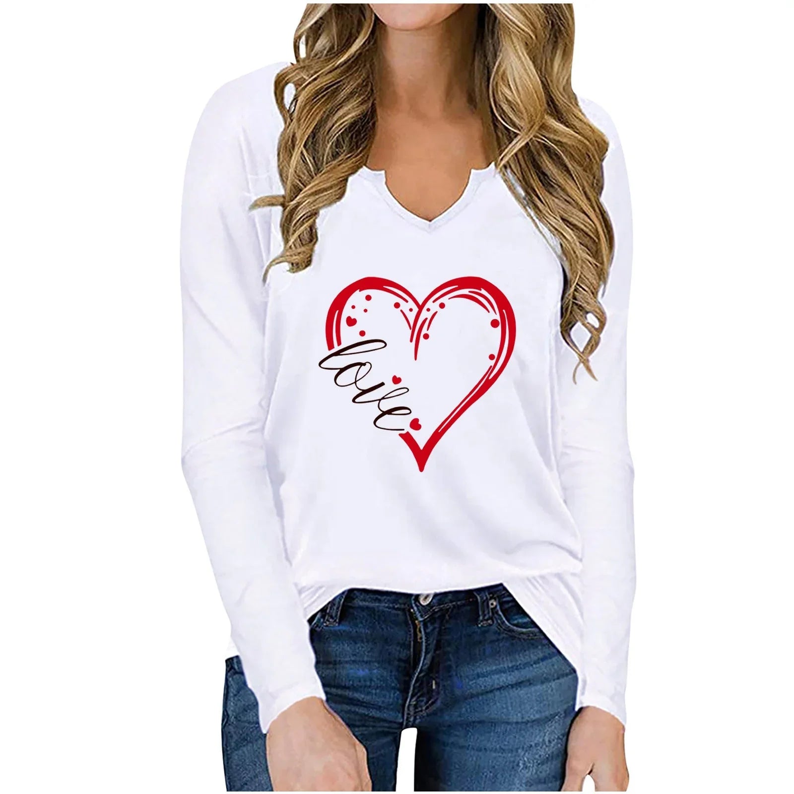 Vneck Valentines Day Printed Tshirt Cross-border Longsleeved Loose Top - VAleG