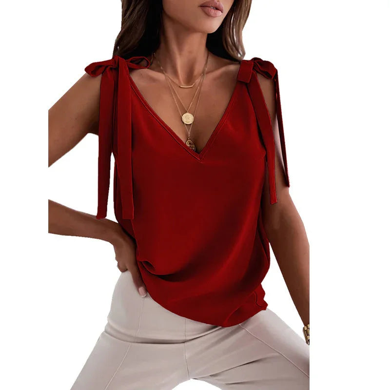 Shoulder Lace-up Bow Suspenders Vest Women's Sweet V-neck Top - VAleG