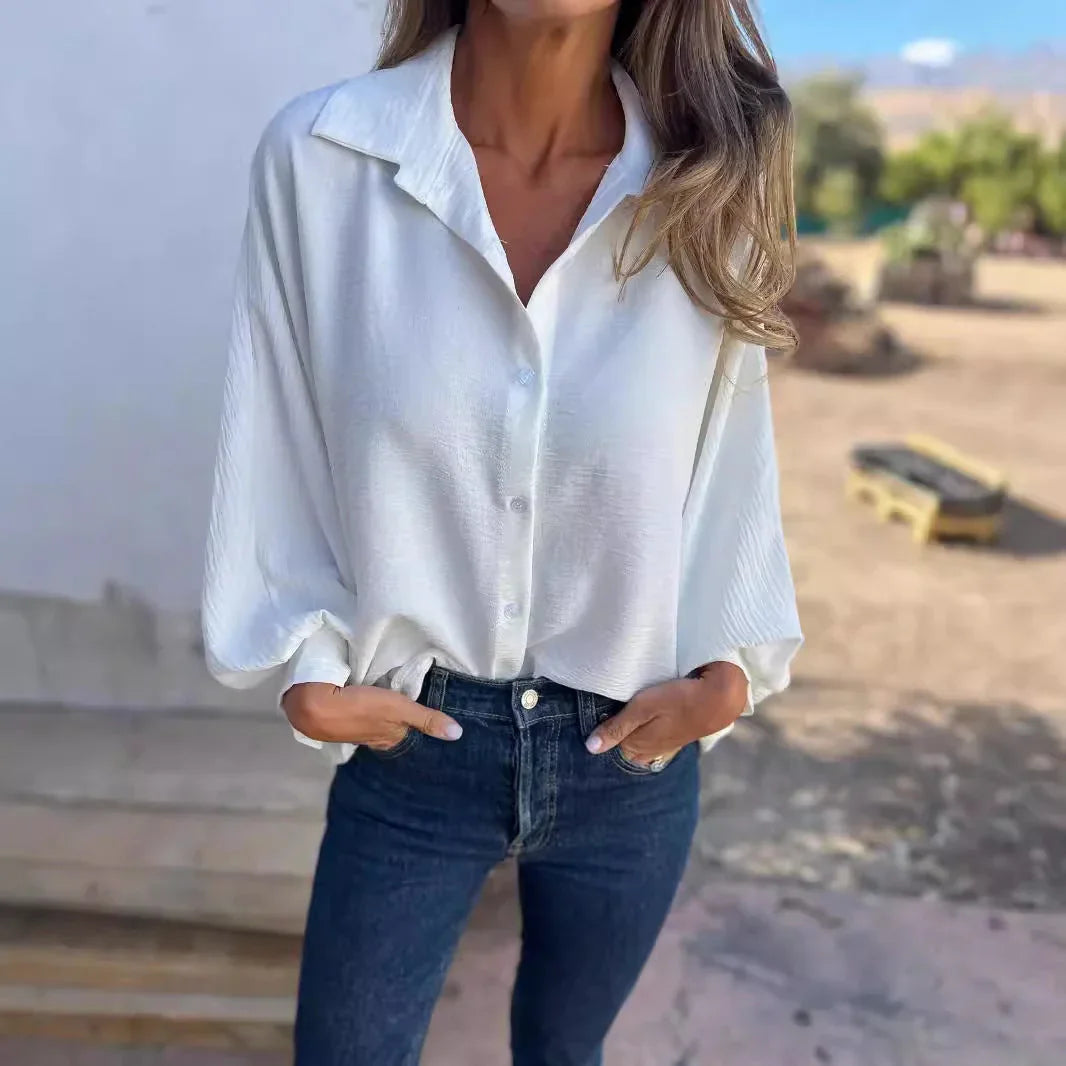 Women's Long-sleeved Lapel Button Shirt Top - VAleG