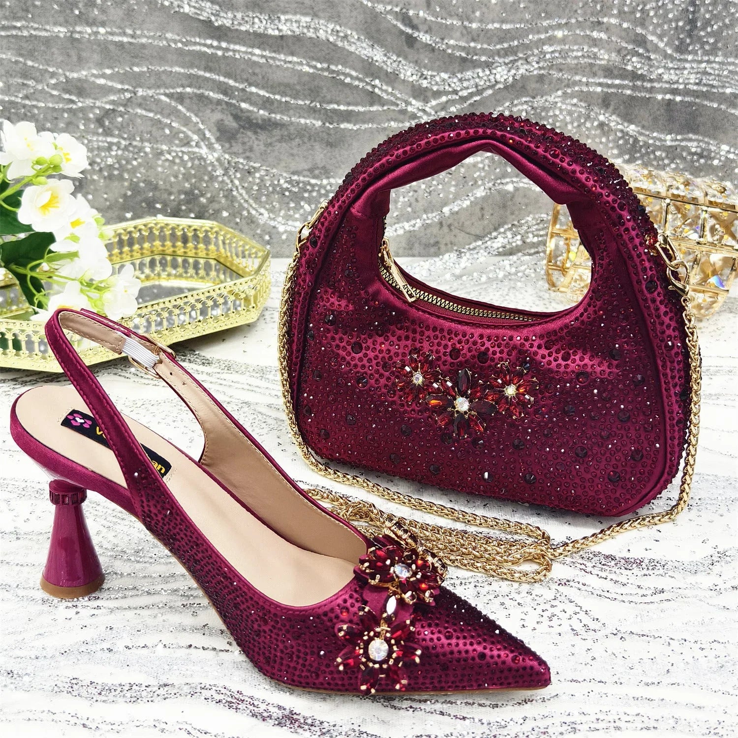 Pointed Toe High Heel Rhinestone Flower Shoes With Handbag Soft - VAleG