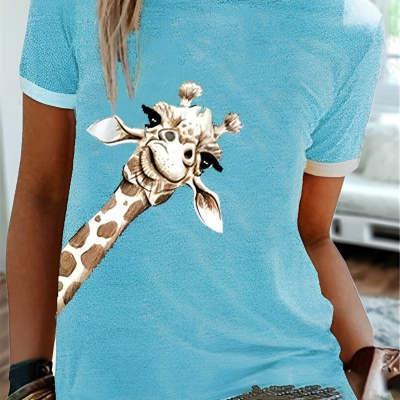 Foreign Trade Supply New European And American Fashion Giraffe Print Solid Color Short Sleeve Crew Neck T-shirt Top F2R348 - VAleG
