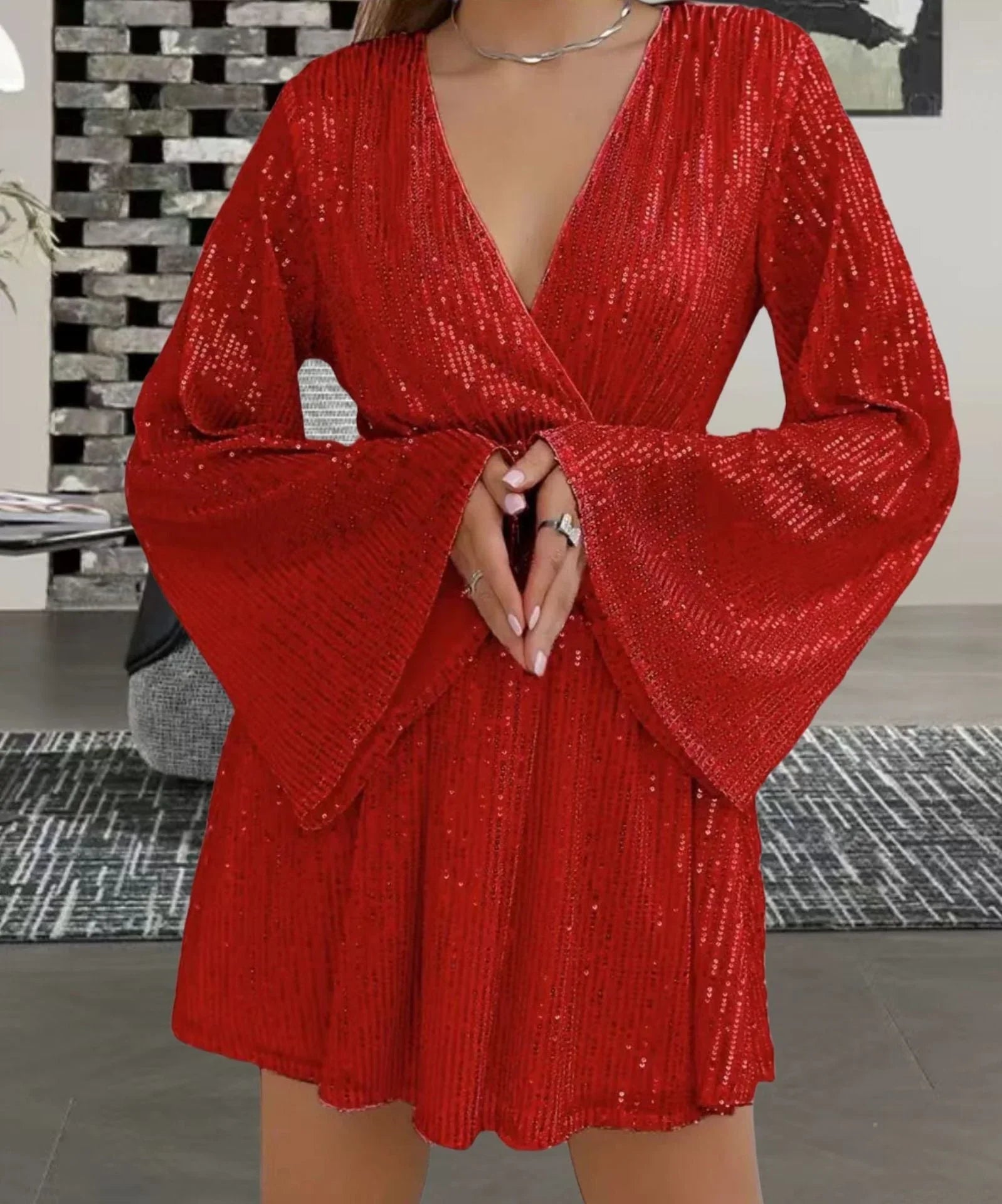 V-neck Sequin Waist Slimming Senior Party Evening Dress - VAleG