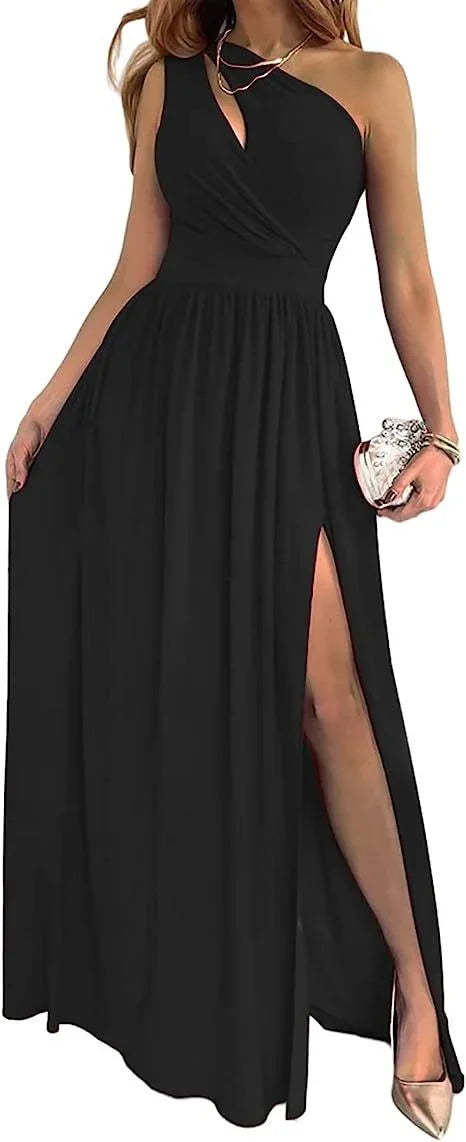 Women's One Shoulder High Split Cutout Sleeveless Elegant Sexy Cocktail Maxi Dress - VAleG