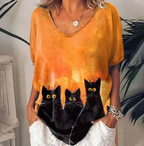 Women's Casual Short Sleeve V-Neck Cat 3D Print Top - VAleG