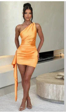 One-shoulder Sleeveless Mini Dress Sexy Slim Backless Skirt Party Wedding Dresses Womens Clothing - VAleG
