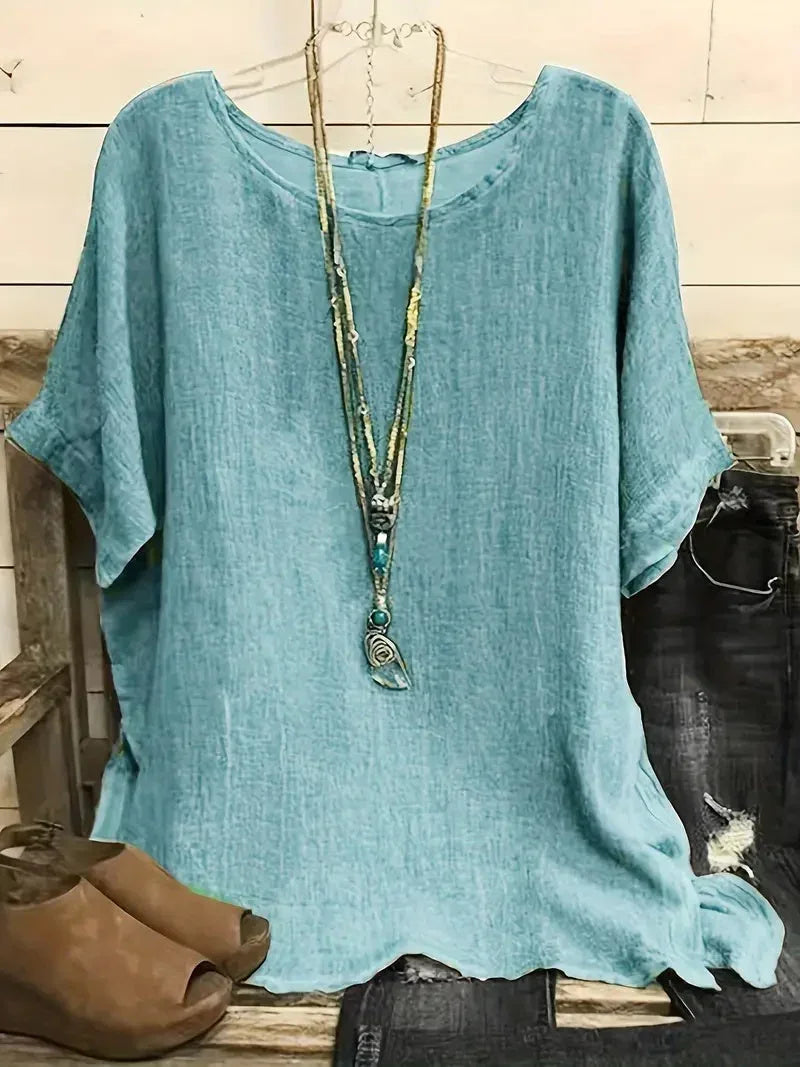 Women Fashion Casual Shirts Solid Color 3 4 Sleeve Round Neck Blouses Summer Loose Tops Streetwear - VAleG