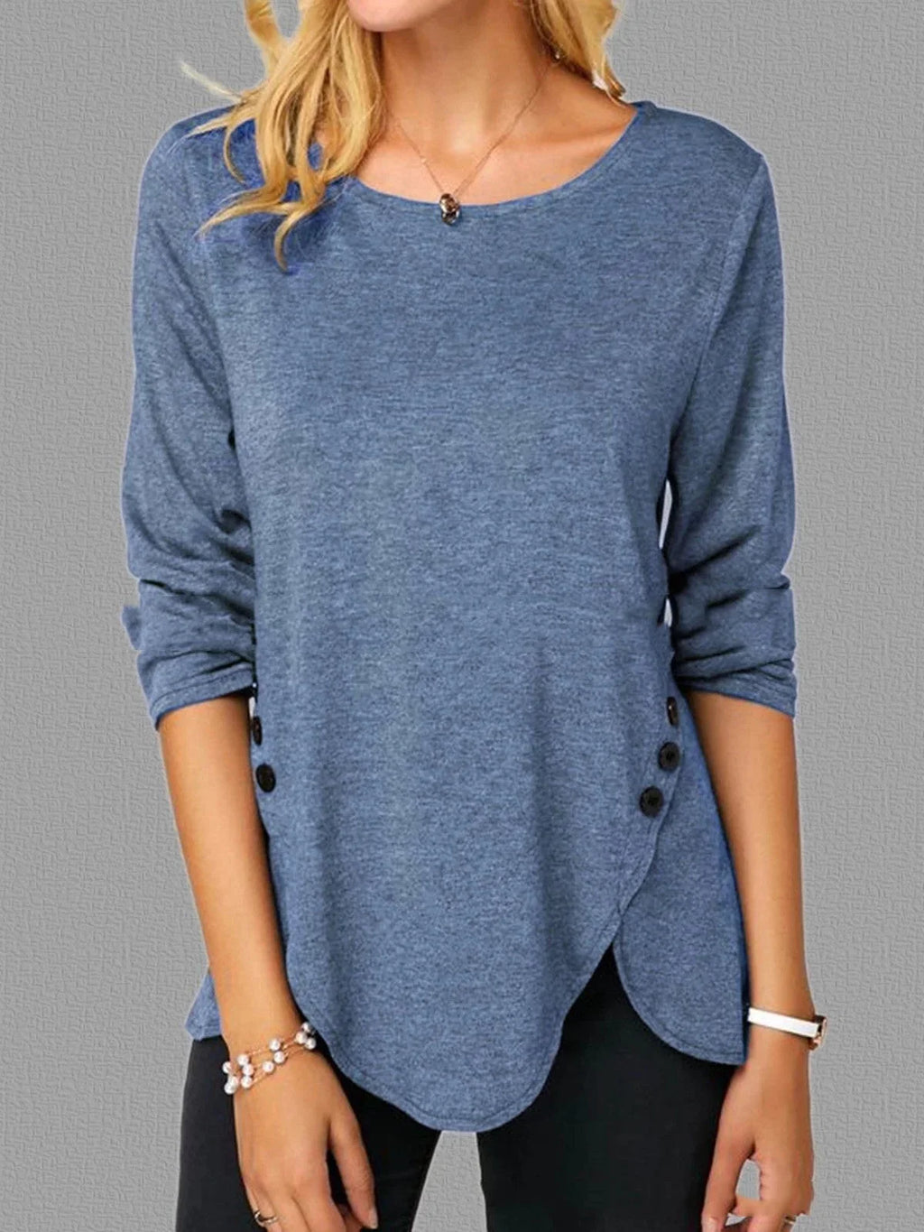 Irregular Button Hem Long Sleeved Round Neck Oversized T-shirt - VAleG