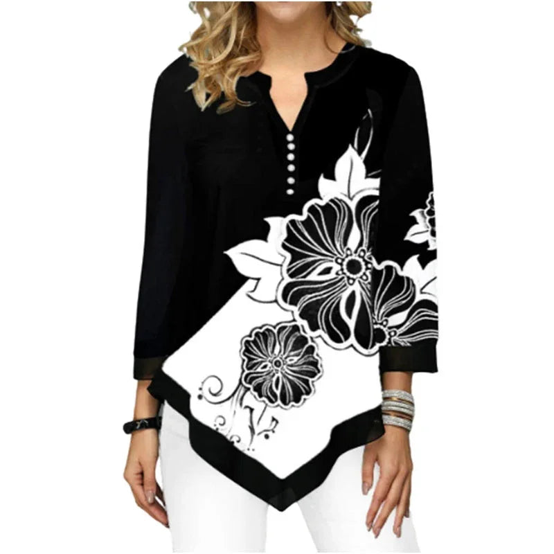 Long Sleeve V-Neck Loose Shirt Women's T-Shirt - VAleG