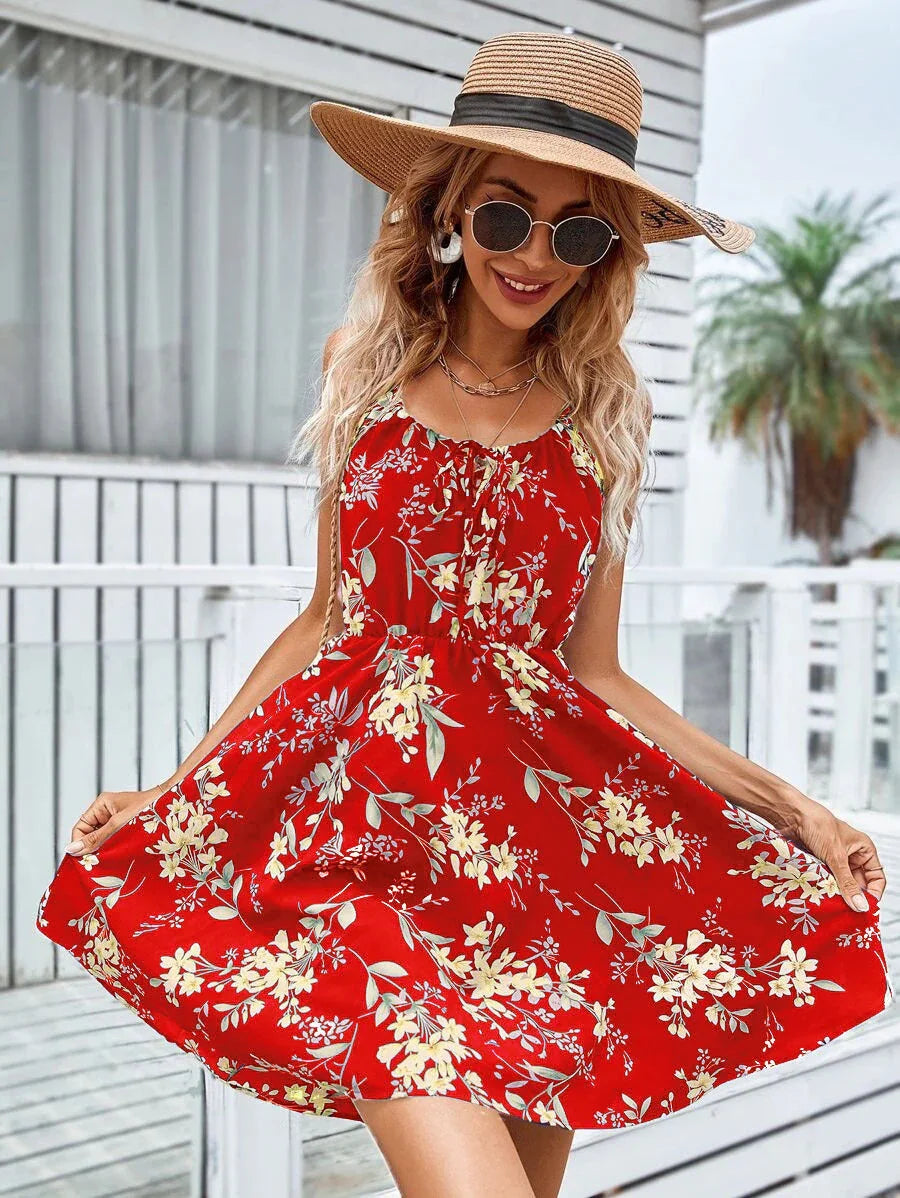 Floral Print Suspender Dress With Elastic Waist Design Fashion Summer Short Dresses Womens Clothing - VAleG