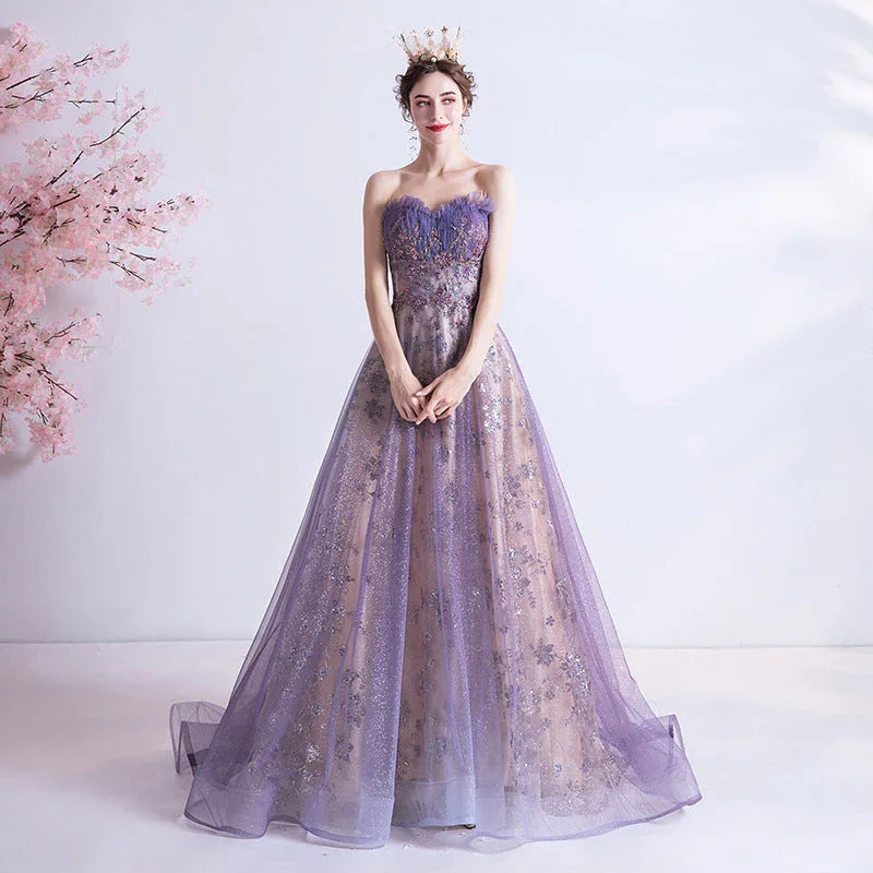 Strapless Purple Sequin Starry Dress Wedding Dress - VAleG