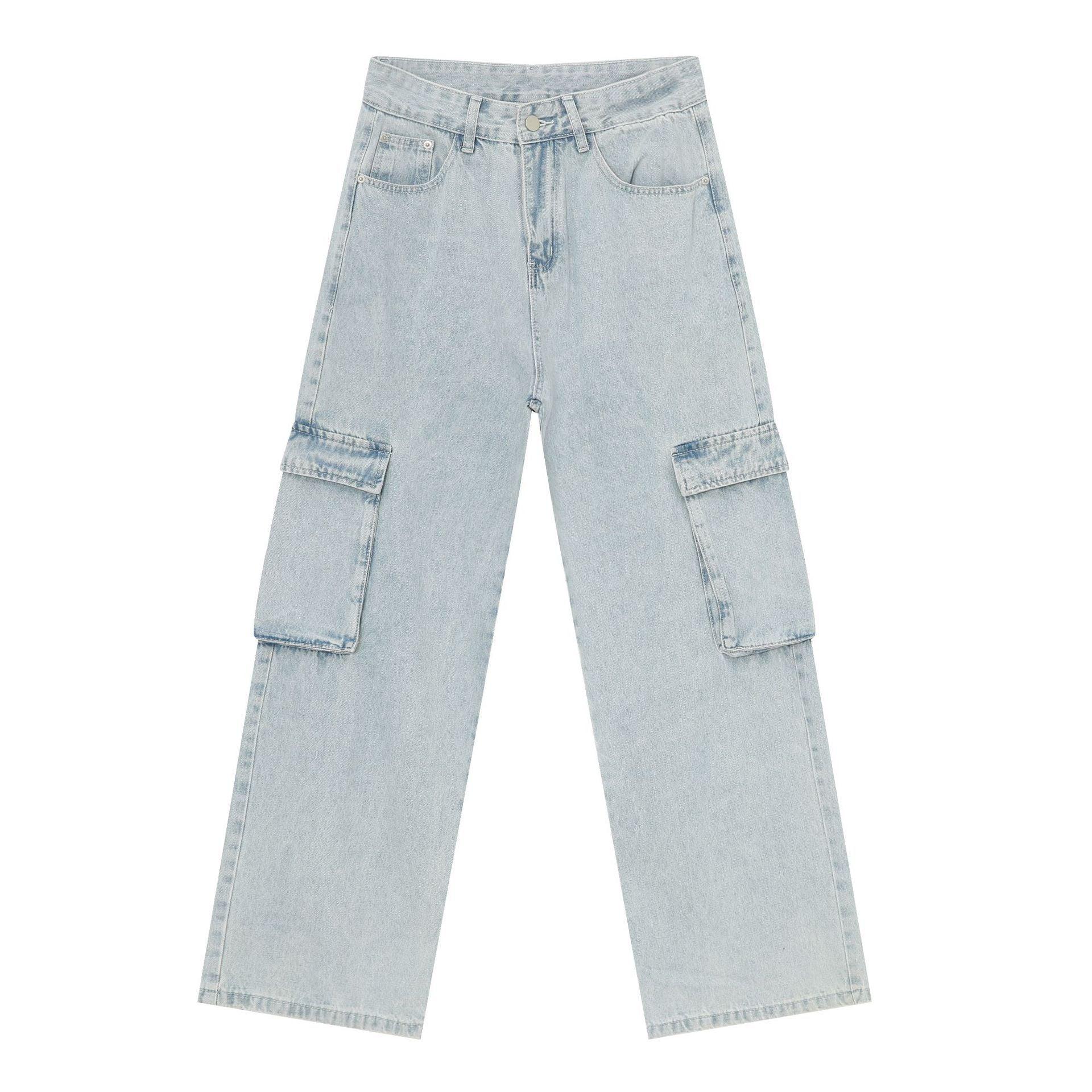 Retro Washed Light Blue Cargo Jeans Male - VAleG