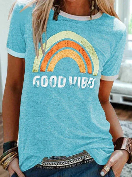 Women's Printed Round Neck Short Sleeve T-shirt - VAleG