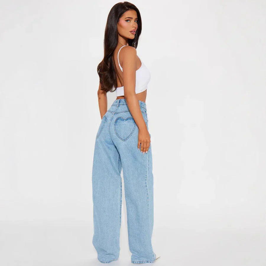 Straight Slimming Trousers Love Pocket High Waist Loose Jeans - VAleG