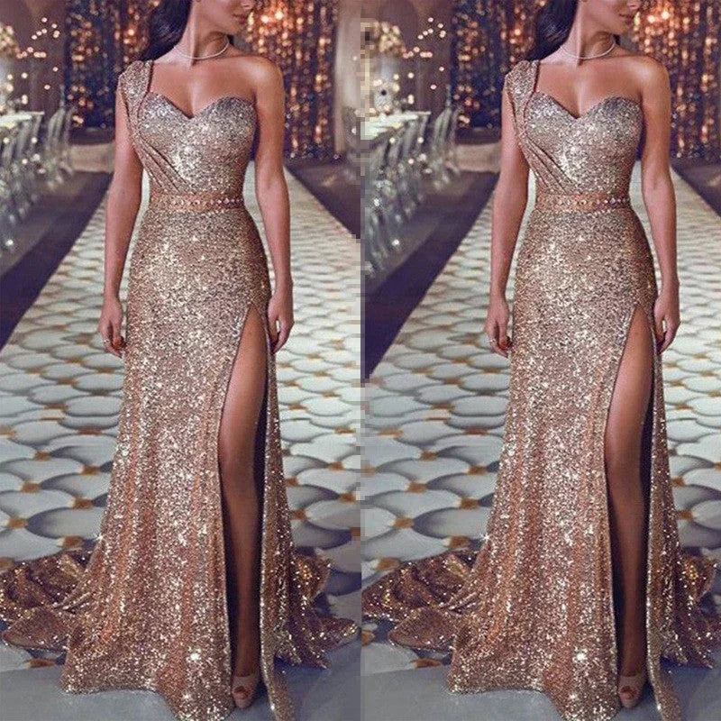 Women's Clothing One-shoulder Sleeveless Bronzing Split Dress - VAleG