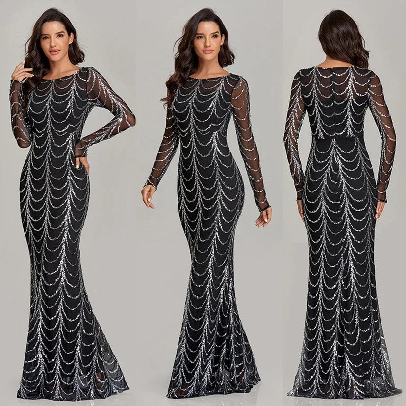 Sequins Women Maxi Dresses Long Sleeve Female Party Dresses - VAleG