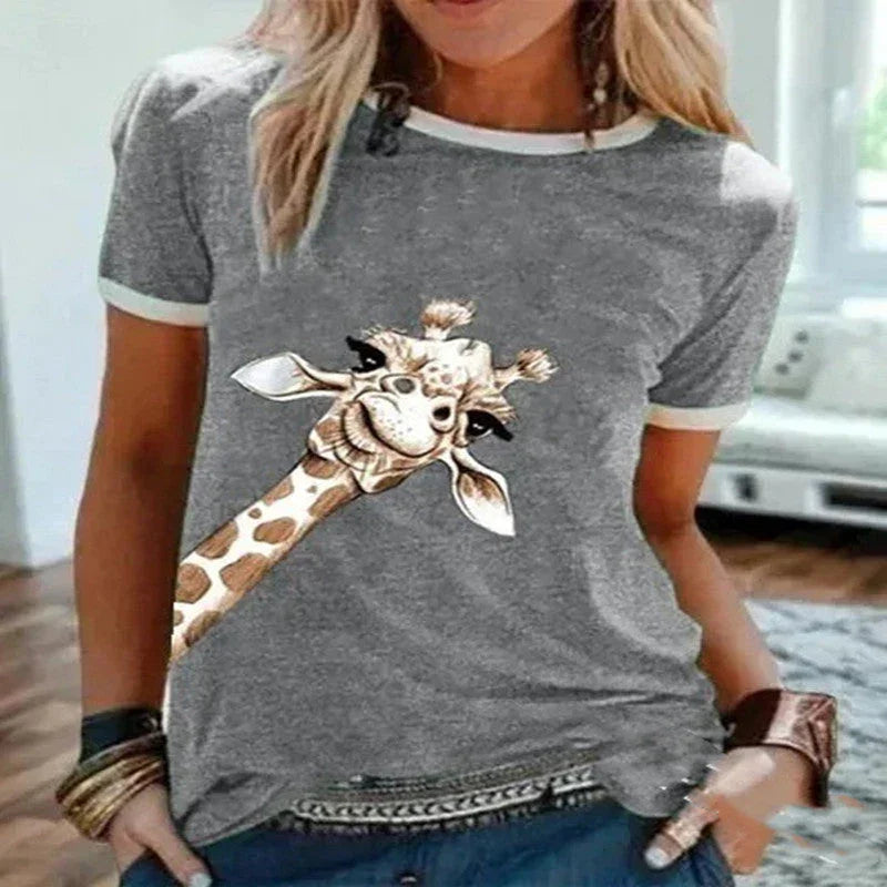 Foreign Trade Supply New European And American Fashion Giraffe Print Solid Color Short Sleeve Crew Neck T-shirt Top F2R348 - VAleG