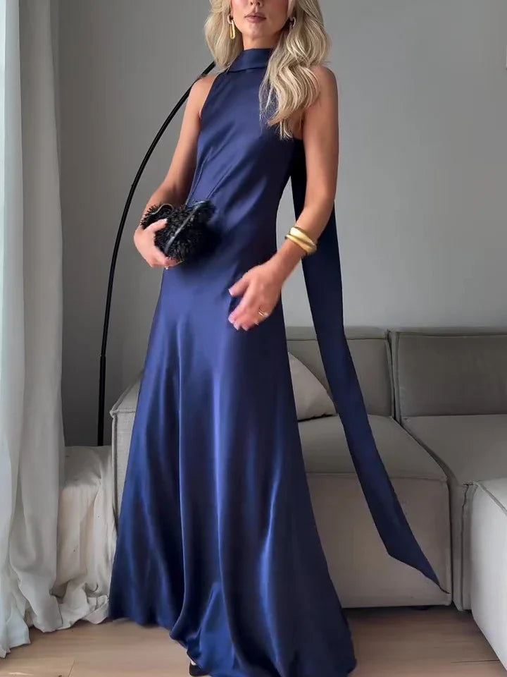 Royal Blue Satin Sleeveless Maxi Dress - VAleG
