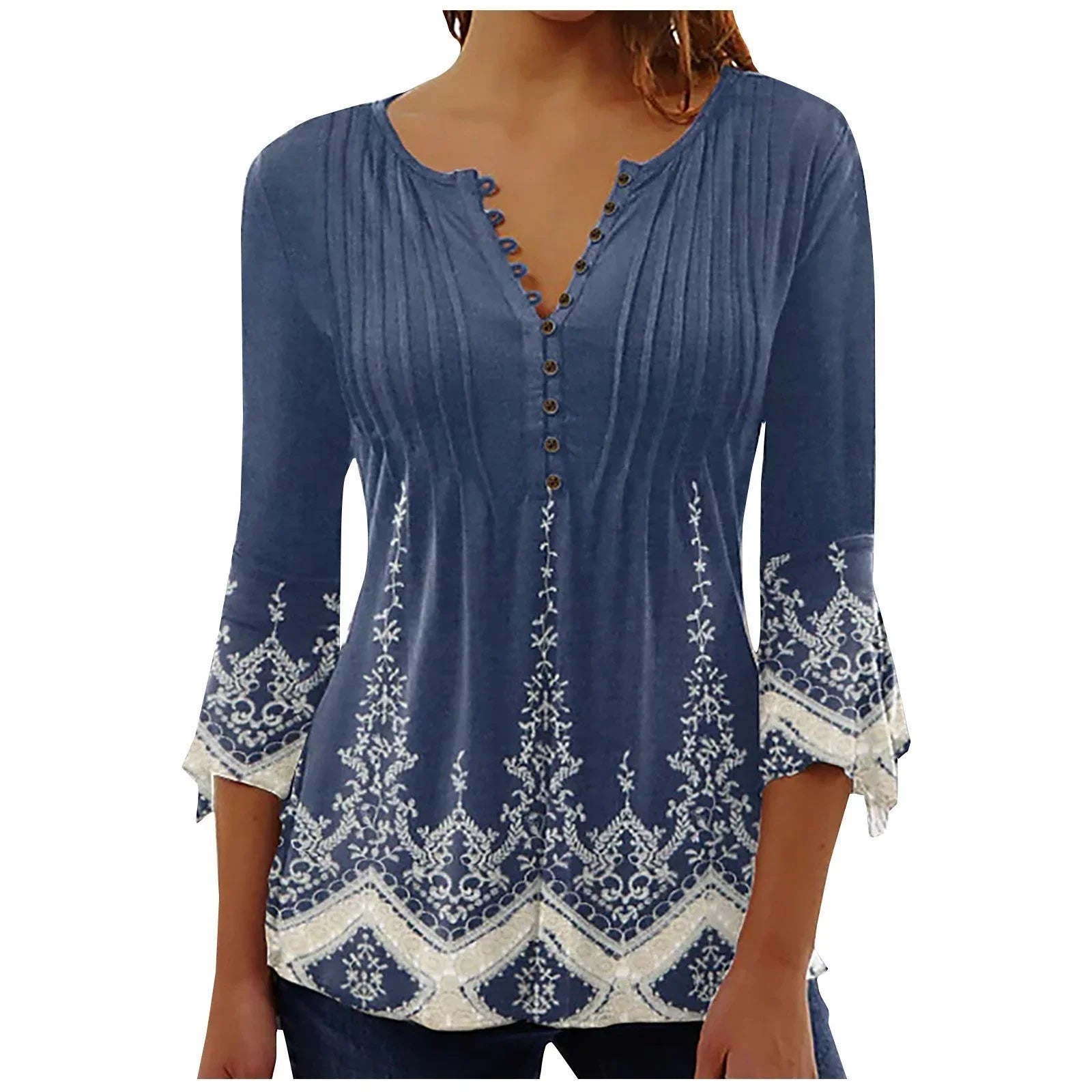 Women's Floral Printed V-neck Short Sleeve Button T-shirt - VAleG