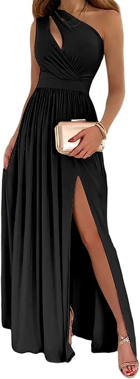 Women's One Shoulder High Split Cutout Sleeveless Elegant Sexy Cocktail Maxi Dress - VAleG
