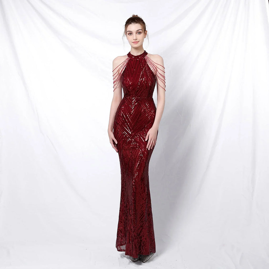 Backless Evening Dress Women Party Dress Long Wear Sequin Fabric Cheap - VAleG