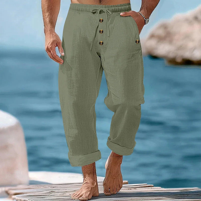 American Beach Pants Solid Color Cotton Linen Loose Drawstring Button Casual Trousers Men - VAleG