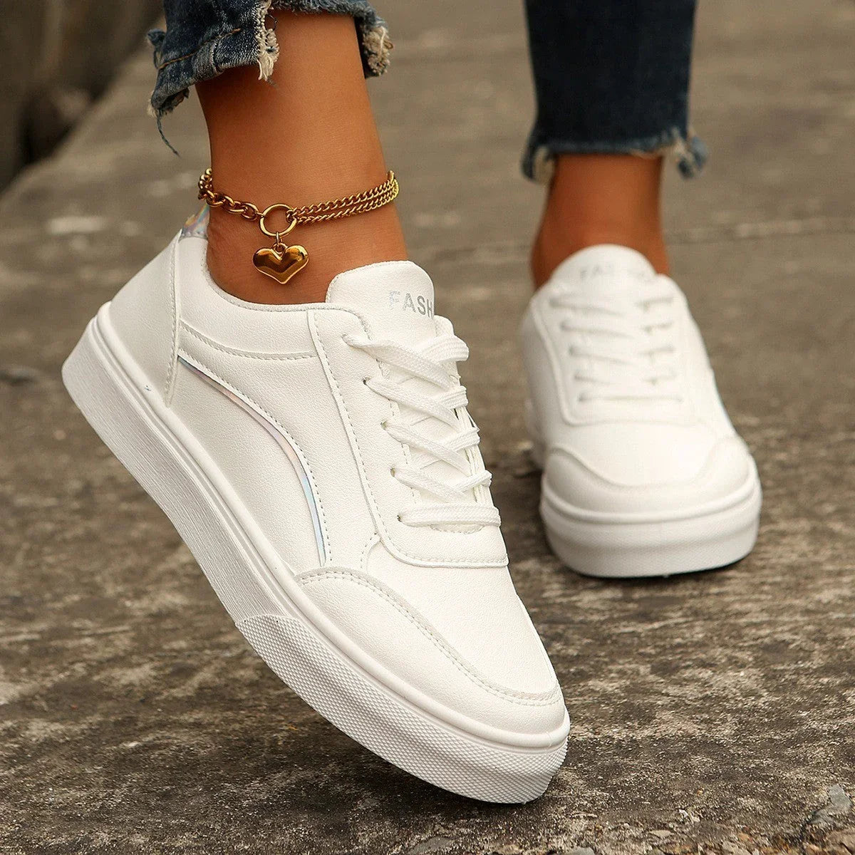 Lace-up White Flats Shoes Fashion Round Toe Slip-on Thick Sole Casual Shoes For Women - VAleG