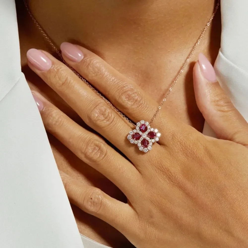 925 Sterling Silver Lab-Grown Ruby Flower Shape Necklace - VAleG