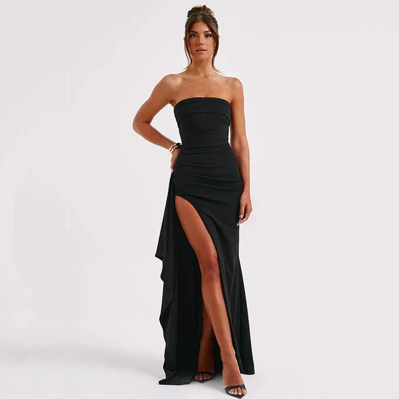 Strapless Split Long Dress Summer Fashion Pleated Bridesmaid Dress For Womens Party Wedding Clothing - VAleG