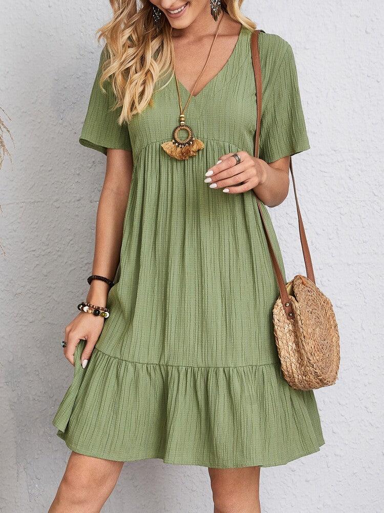 V-neck Short Sleeve Dress Summer Fashion Casual Loose Ruffled Dresses Beach Clothing Women - VAleG