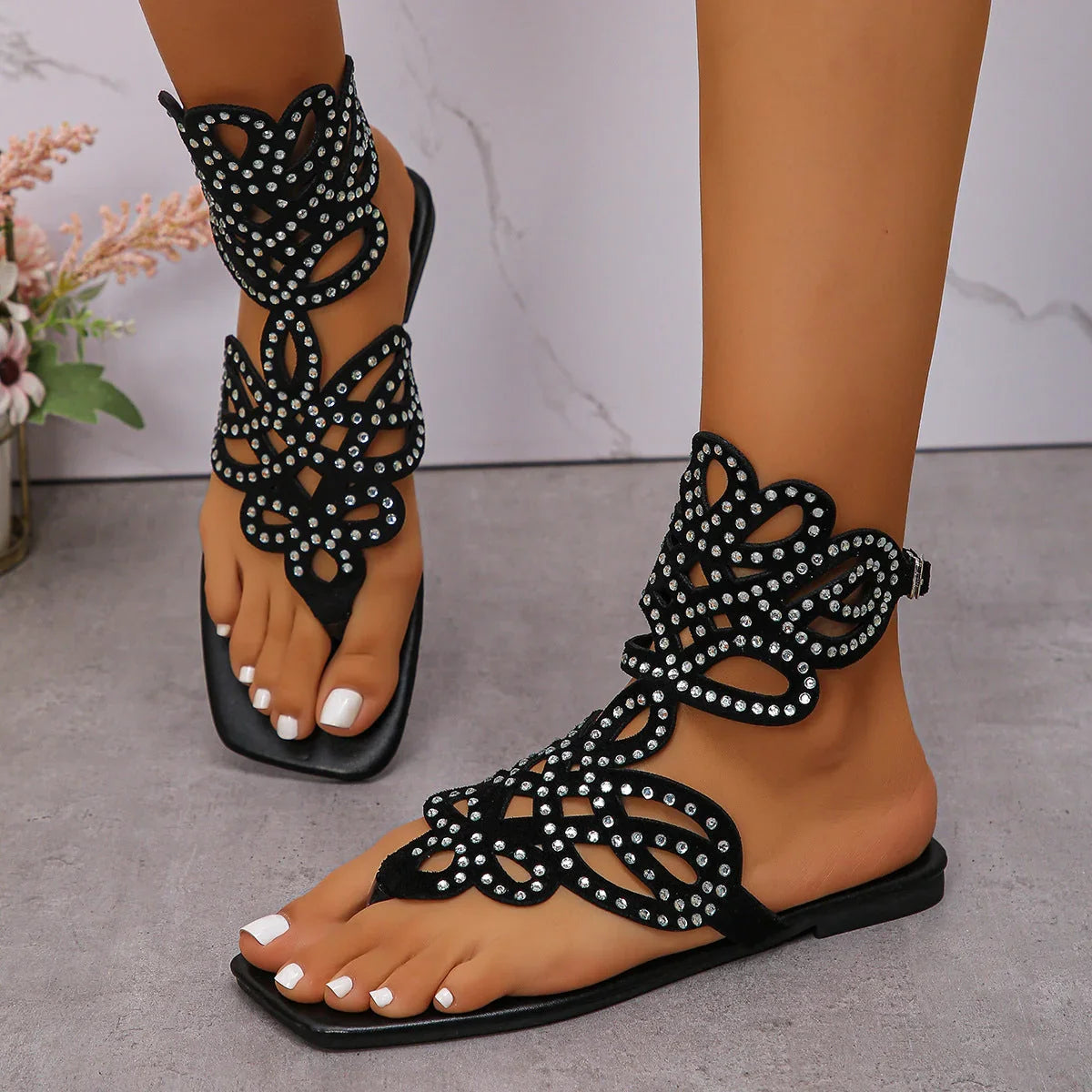 Summer Hollow Rhinestone Buckle Flat Toe Roman Sandals - VAleG