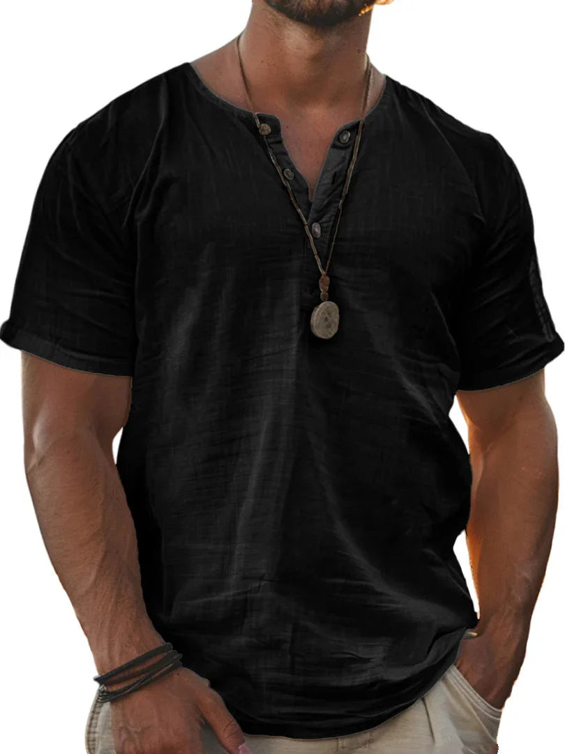 Men's Fashion Wear Men's Stand Collar Half Cardigan 4 Button Short Sleeve Shirt - VAleG
