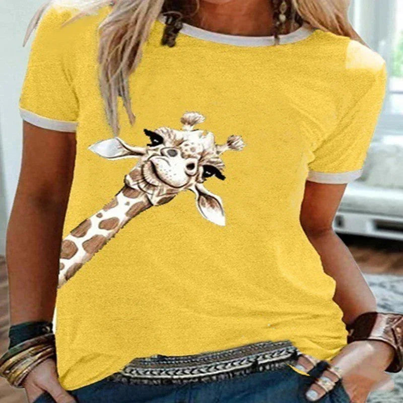 Foreign Trade Supply New European And American Fashion Giraffe Print Solid Color Short Sleeve Crew Neck T-shirt Top F2R348 - VAleG