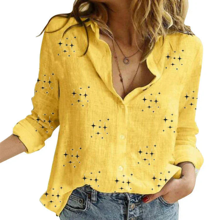 Spring And Autumn Print Casual Loose Long Sleeve Linen Shirt For Women - VAleG