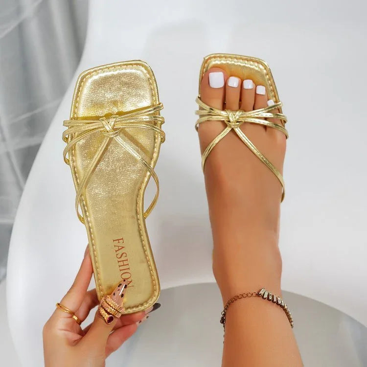 Women's Square Toe Slippers Simple Thin Strap - VAleG