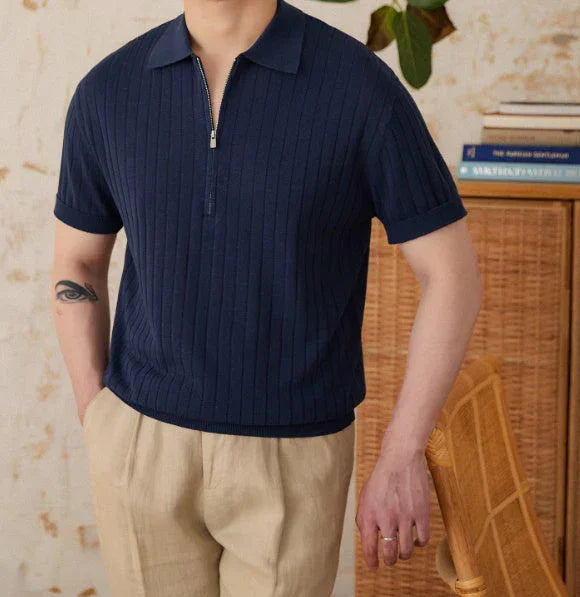 Linen Blend Lapel Zipper Sunken Stripe Short Sleeve - VAleG