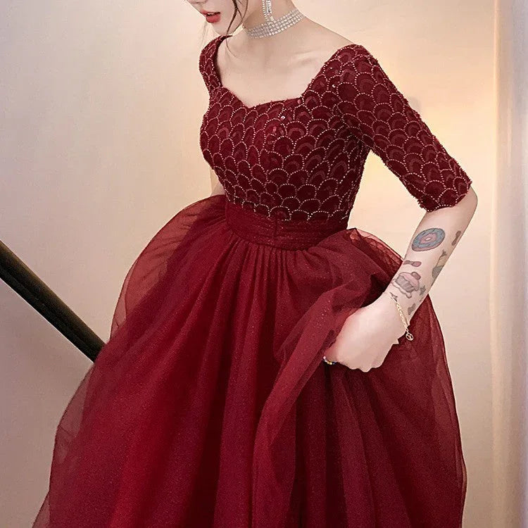 Wine Red Engagement Back Door Evening Dress Female Long Sleeve - VAleG