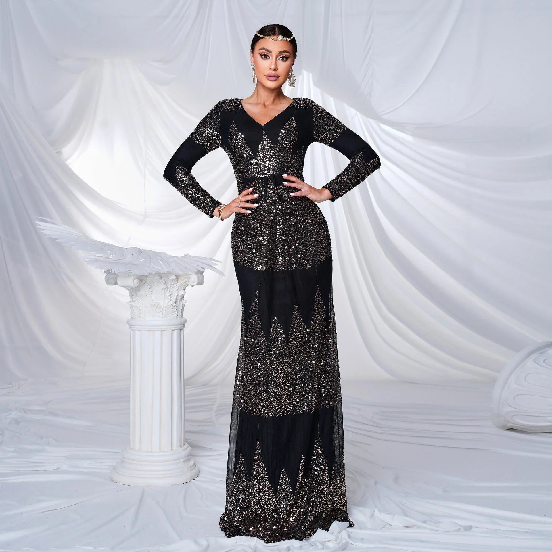 Long Sleeve V-neck Sexy Slim-fit Long Sequined Banquet Evening Dress - VAleG