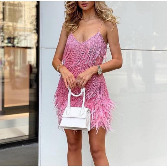 Sexy Tassel Sequins Feather Summer Mini Dress Women V Neck Spaghetti Strap Stitching Dresses Female Elegant Evening Party Club Dress - VAleG